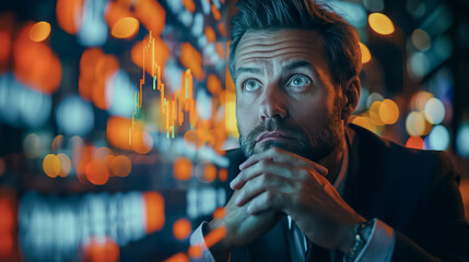 Poster - Businessman in panic with a digital stock market financial backdrop, illustrating business failure and global economic recession.