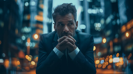 Poster - Businessman in panic with a digital stock market financial backdrop, illustrating business failure and global economic recession.