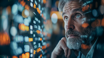 Poster - Stressed businessman seated with a digital stock market background, representing the impact of economic crisis and unemployment.