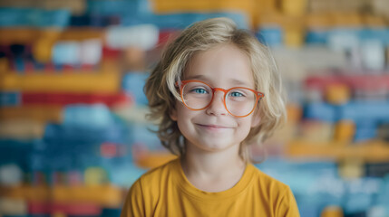 Sticker - Joyful boy in glasses with a colorful abstract backdrop, perfect for creating lively wallpapers and backgrounds.