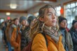 © miss_fortuna - People are standing in line. Portrait of one person against the background of the crowd on the street. Generative AI