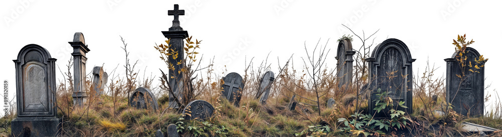 Abandoned Cemetery with Weathered Tombstones and Overgrown Vegetation ...