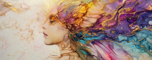 Poster - Ethereal Fantasy Woman with Radiant Wing - Gold & Marble Abstract