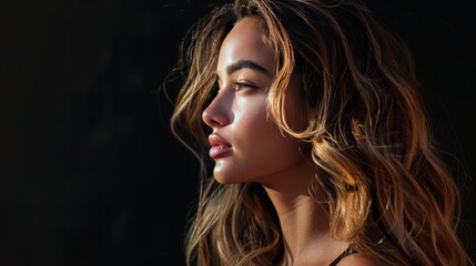 Wall Mural - Woman With Long Brown Hair Posing Against Black Background