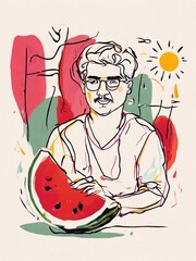 Watermelon red fresh fruit vertical illustration, tasty juice berry