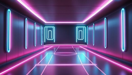 Canvas Print - game corridor wall indoor room background empty neon interior arena