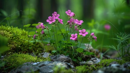 Poster - Geranium flourishes in the forest wilderness