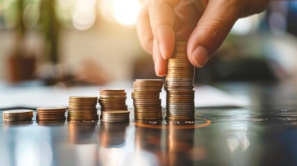 Aufkleber - A hand is reaching for a stack of coins