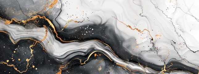 Wall Mural - Black gray color and golden lines, with liquid fluid marbled swirl waves texture banner.