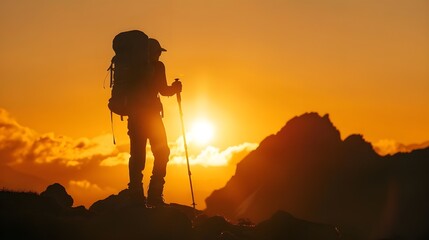 silhouette of a person hike in the mountains