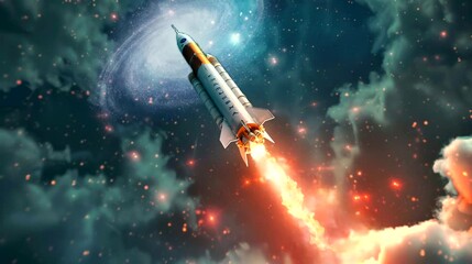 Wall Mural - Rocket launching into space with fiery trail and galaxy. Seamless looping time-lapse 4k video animation background