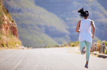 Poster - Back, fitness and running with woman on road outdoor for cardio, exercise or marathon training. Energy, health and wellness with runner or sports person with space for challenge during workout