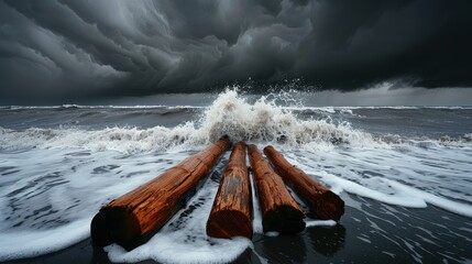 Massive driftwood crashing into the shore, swept by a violent flood, with a backdrop of dark storm clouds and raging waves