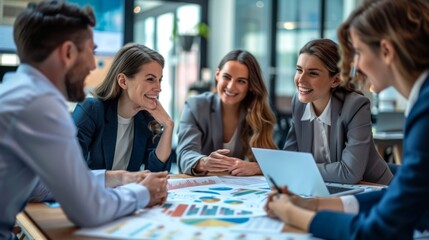 Poster - A group of people are sitting around a table with a laptop open