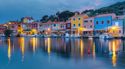 A row of colorful houses sit on a lake at night