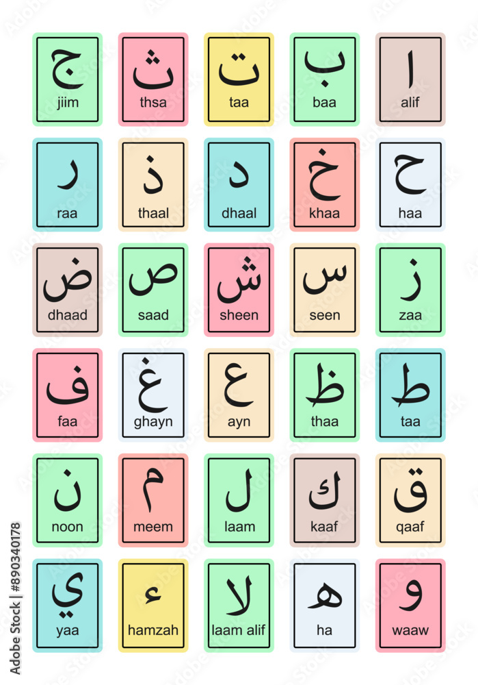 Colorful arabic alphabet for school books first words alphabet cards