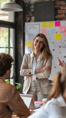 Poster - A woman is standing in front of a white board with a smile on her face