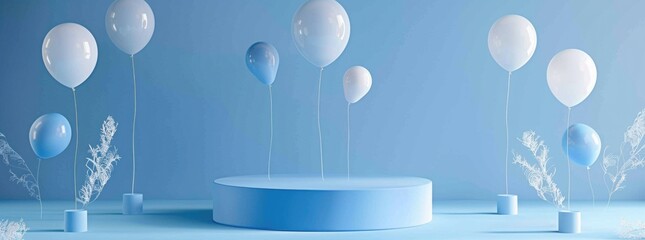 Blue podium with balloons for product presentation on blue background.