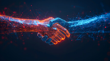 Illustration two wire-frame glowing hands, handshake, technology, business, trust concept 