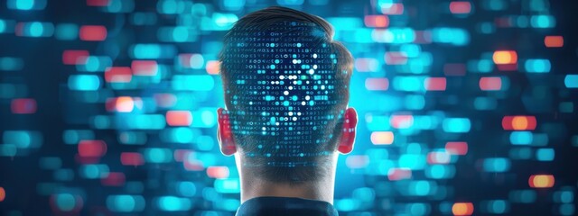 Poster - man, double exposure, holographic encryption interface, dark background, sleek design