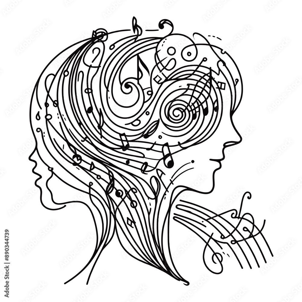 Music Note Profile Woman's profile blending with musical notes, instruments, and sound ...