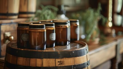 Wall Mural - Amber glass jars on a wooden barrel in a rustic setting