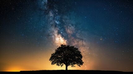 A tree is silhouetted against a starry sky