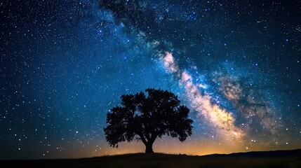 A tree is silhouetted against a starry sky