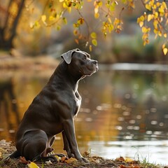 Wall Mural - Cute big gray pitbull dog near the lake in the fall forest. American pit bull terrier near the reservoir in the autumn park