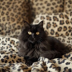 Wall Mural - A fluffy black cat on the bed with leopard patterned bed cover on the background