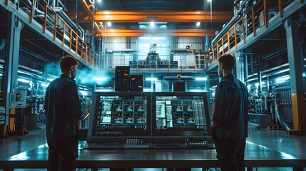 Poster - Industrial Workers Operating Advanced Machinery in Sleek Futuristic Factory