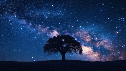 A tree is silhouetted against a starry sky