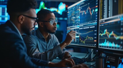 Aufkleber - Two men are working on a computer screen with multiple graphs and charts