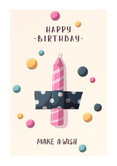 Wall Mural - Birthday card with taped pink candle. Handwritten lettering. Birthday party, celebration, congratulations concept. Vector illustration. Postcard, card, cover.