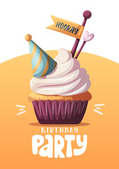 Sticker - Birthday card with cupcake and tiny party hat. Handwritten lettering. Birthday party, celebration, congratulations, invitation concept. Vector illustration. Postcard, card, cover.