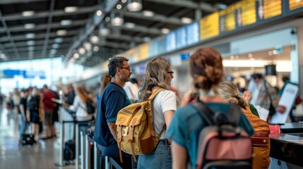 A group of people are waiting in line at an airport