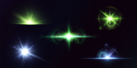 Poster - Shining bright green light effects isolated on a dark background, glare, lines, bright light particles. Adobe Illustrator Artwork