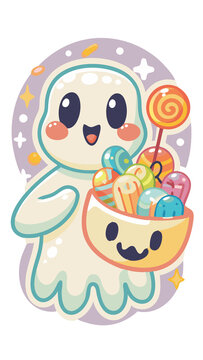 happy halloween celebration,halloween little goast with candys,halloween candys,casper style,smile devil,horizontal, mystery, comic, fear, evil, pop, graphic, typescript, grunge, bat, horror