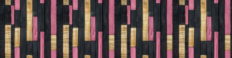 Wall Mural - Abstract pink black golden painted 3d wooden rectangles rectangular cubes texture background banner panorama - wood timber wall banner long panorama, seamless pattern.