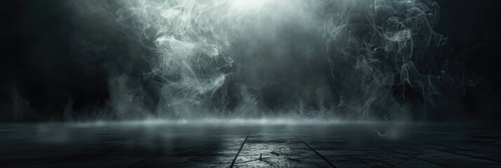 Poster - Dark background, smoke on the floor, spotlight in the center of an empty room.