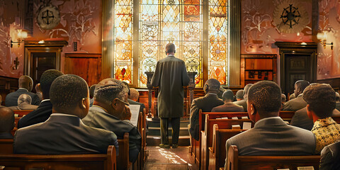 A reverend or community leader addressing a congregation from the pulpit of a historic African American church, adorned with intricate stained glass windows and wooden pews