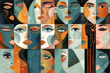 Sticker - Abstract portrait of faces in a cubist style with bold geometric shapes and vibrant colors