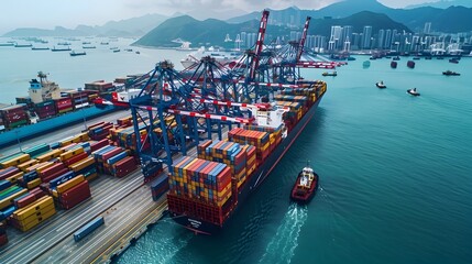 Poster - Bustling industrial port with cranes loading containers onto ships global logistics and trade concept