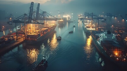 Poster - Bustling industrial port with cranes loading containers onto ships under night illumination