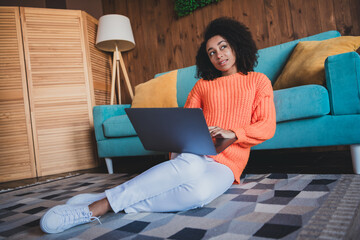 Sticker - Photo of pretty cheerful lady wear orange sweater having rest chatting instagram twitter telegram facebook indoors room home house