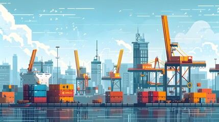 Poster - Bustling Industrial Port with Cranes Loading Containers onto Ships Detailed Urban Skyline Concept
