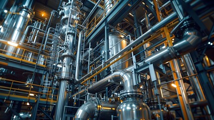 Poster - Intricate chemical plant with complex pipe systems and high tech reactors industrial production concept
