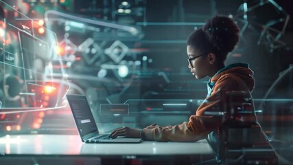 Wall Mural - A young woman wearing glasses uses a laptop in a dimly lit room. A holographic interface appears in front of her, filled with blue and orange geometric patterns.