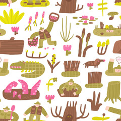 Wall Mural - Cute swamp, wild nature seamless pattern. Funny hand drawn doodle repeatable pattern with man, reed, plant, crocodile, monster, dog. Wild pond, morass, bog theme background