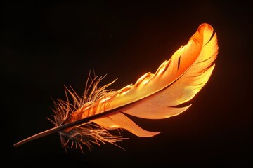 Wall Mural - Vivid orange feather glowing against a black background. Conceptual image representing lightness and elegance. Suitable for artistic and decorative purposes. Generative AI